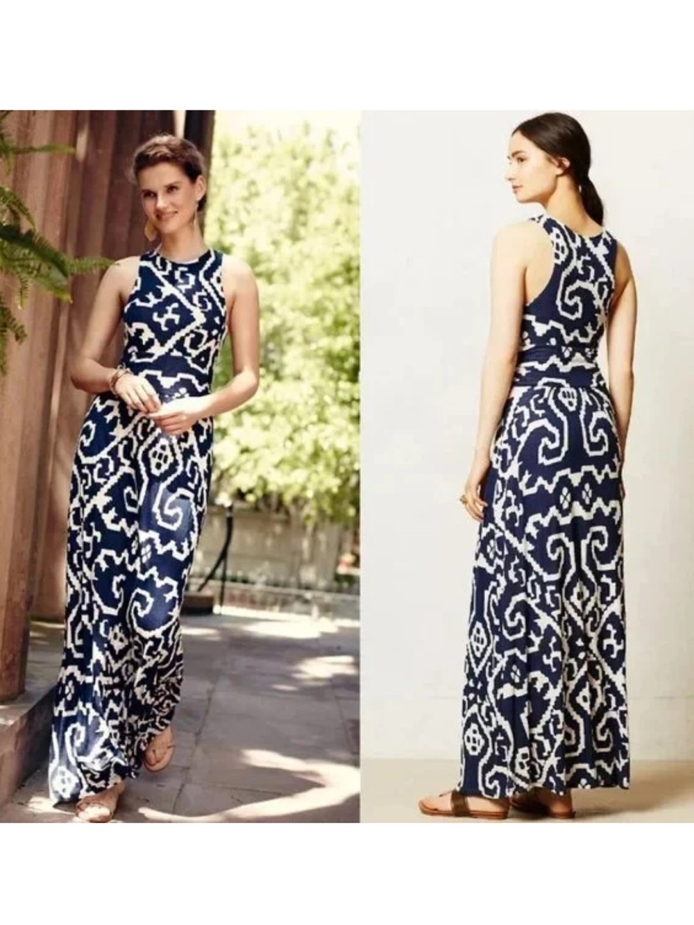 Anthropologie Maeve Scrollwork Ikat Tribal Geometric Maxi Dress Sleeveless Small